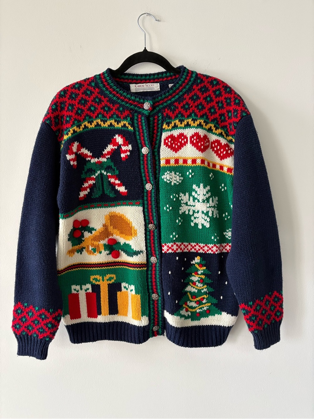 Vintage Karen Scott Christmas Holiday Patchwork Cardigan Sweater Grandmacore M